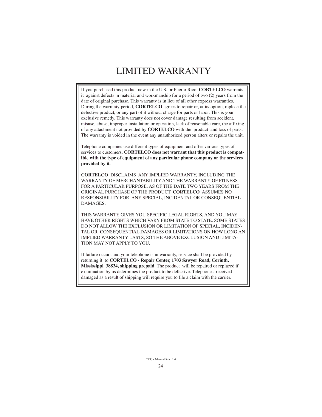 Cortelco 2730 instruction manual Limited Warranty 