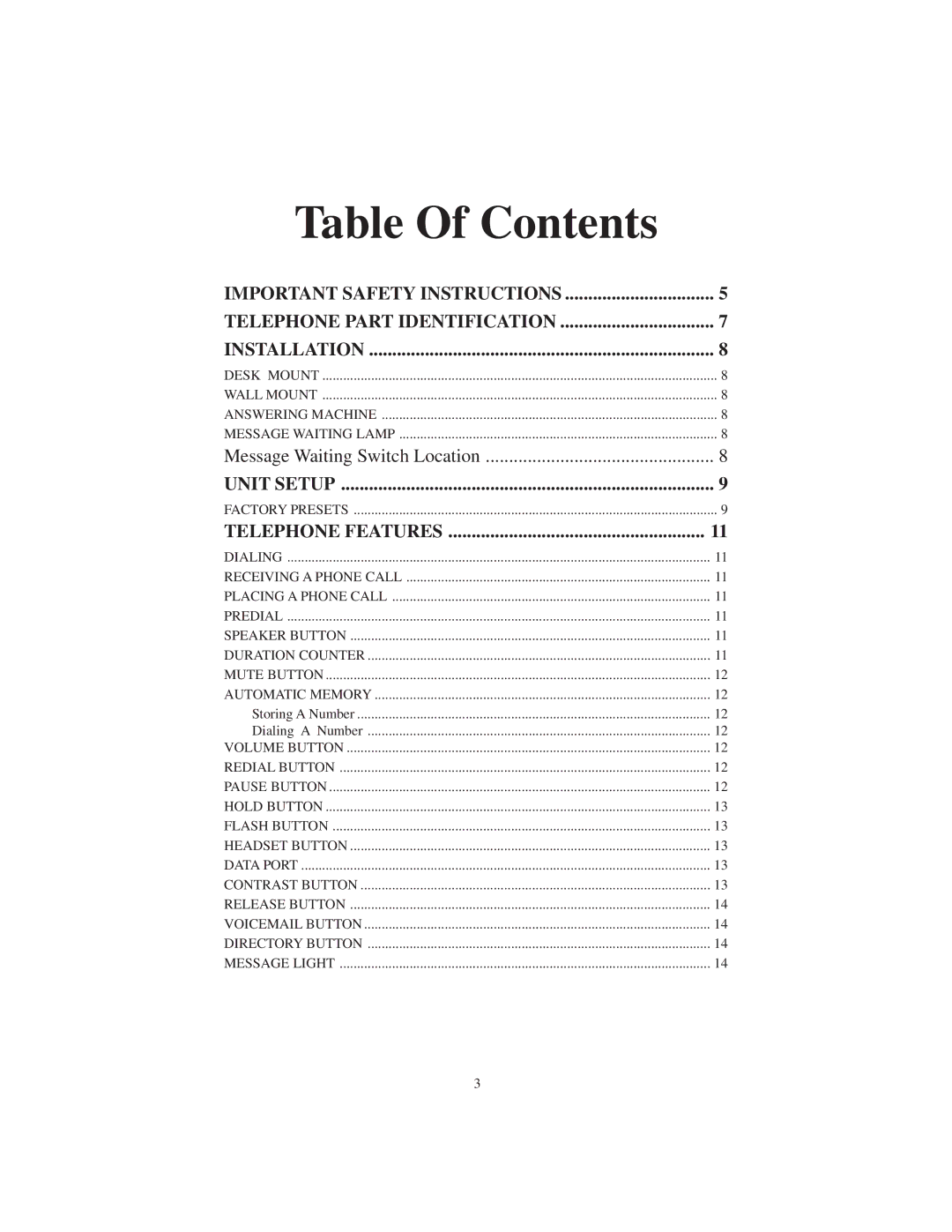 Cortelco 2730 instruction manual Table Of Contents 