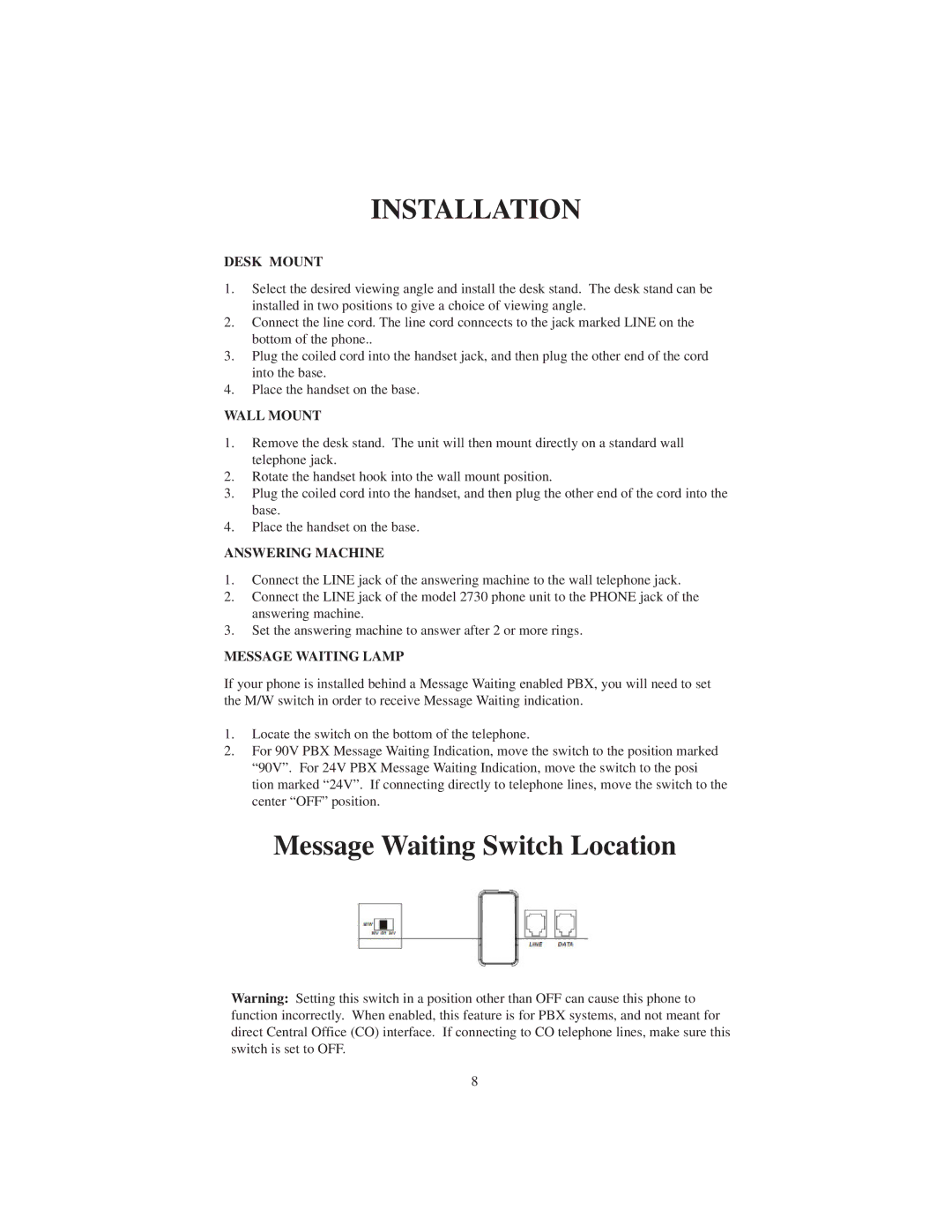 Cortelco 2730 instruction manual Installation, Desk Mount, Wall Mount, Answering Machine, Message Waiting Lamp 