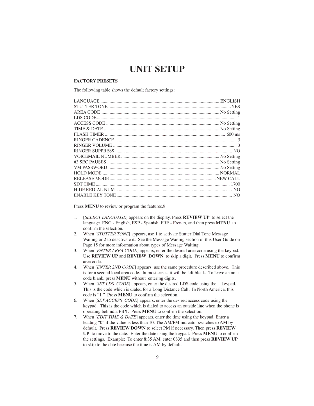 Cortelco 2730 instruction manual Unit Setup, Factory Presets 