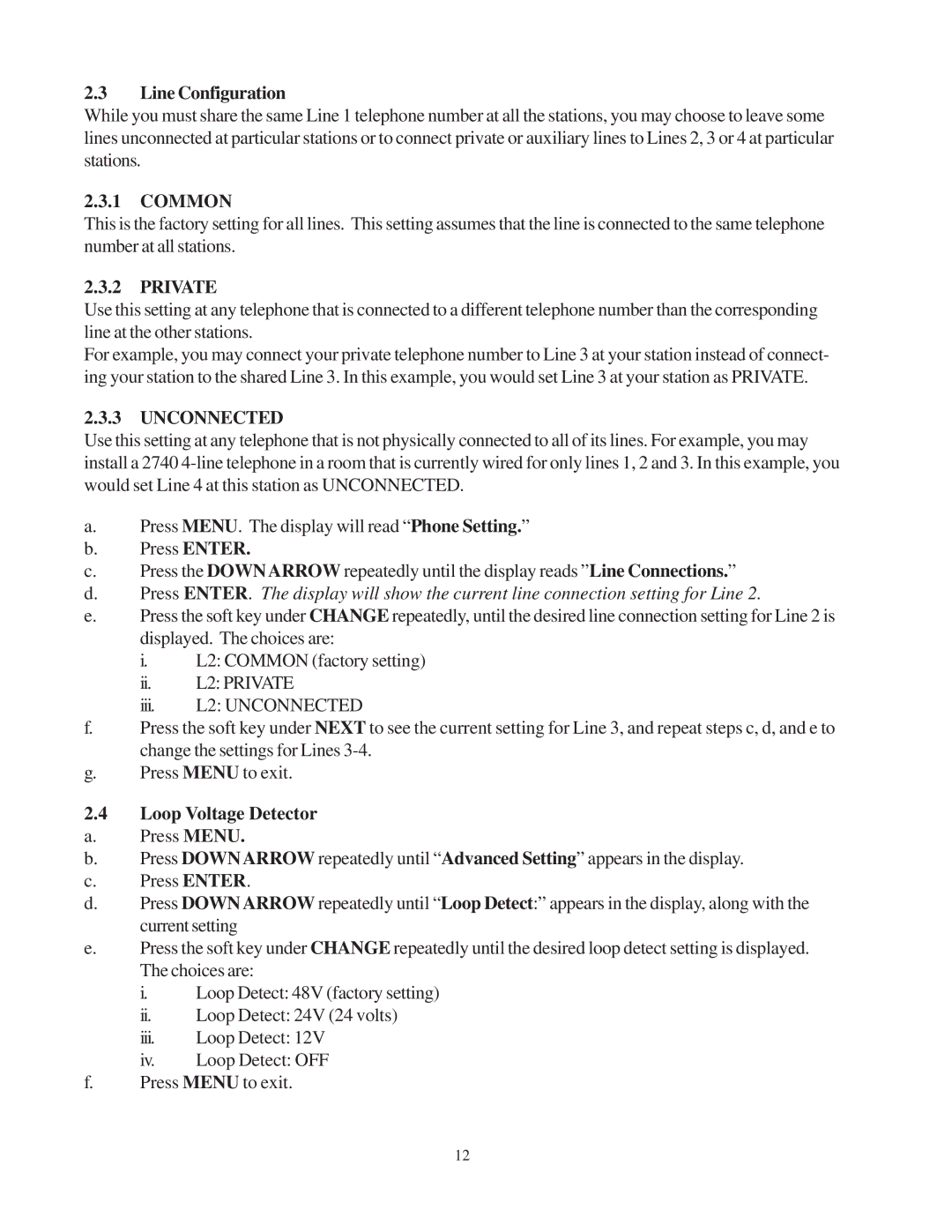 Cortelco 2740 instruction manual Line Configuration, Common, Loop Voltage Detector 