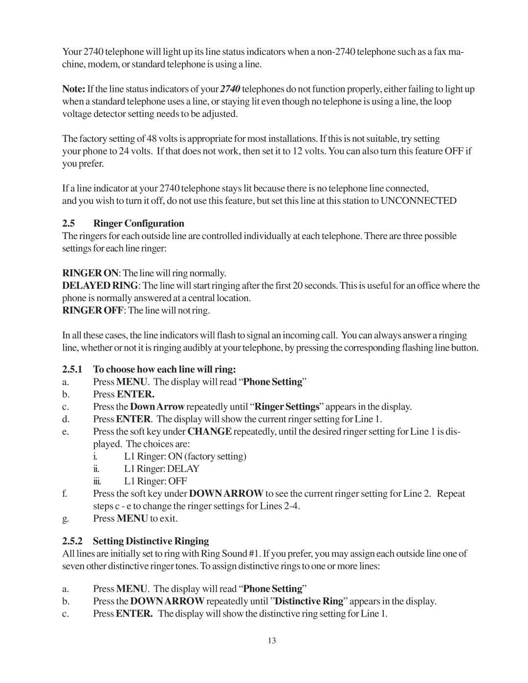 Cortelco 2740 instruction manual Ringer Configuration, To choose how each line will ring, Setting Distinctive Ringing 