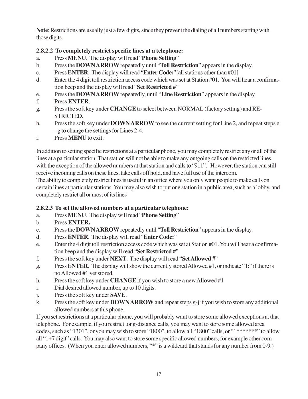 Cortelco 2740 To completely restrict specific lines at a telephone, To set the allowed numbers at a particular telephone 