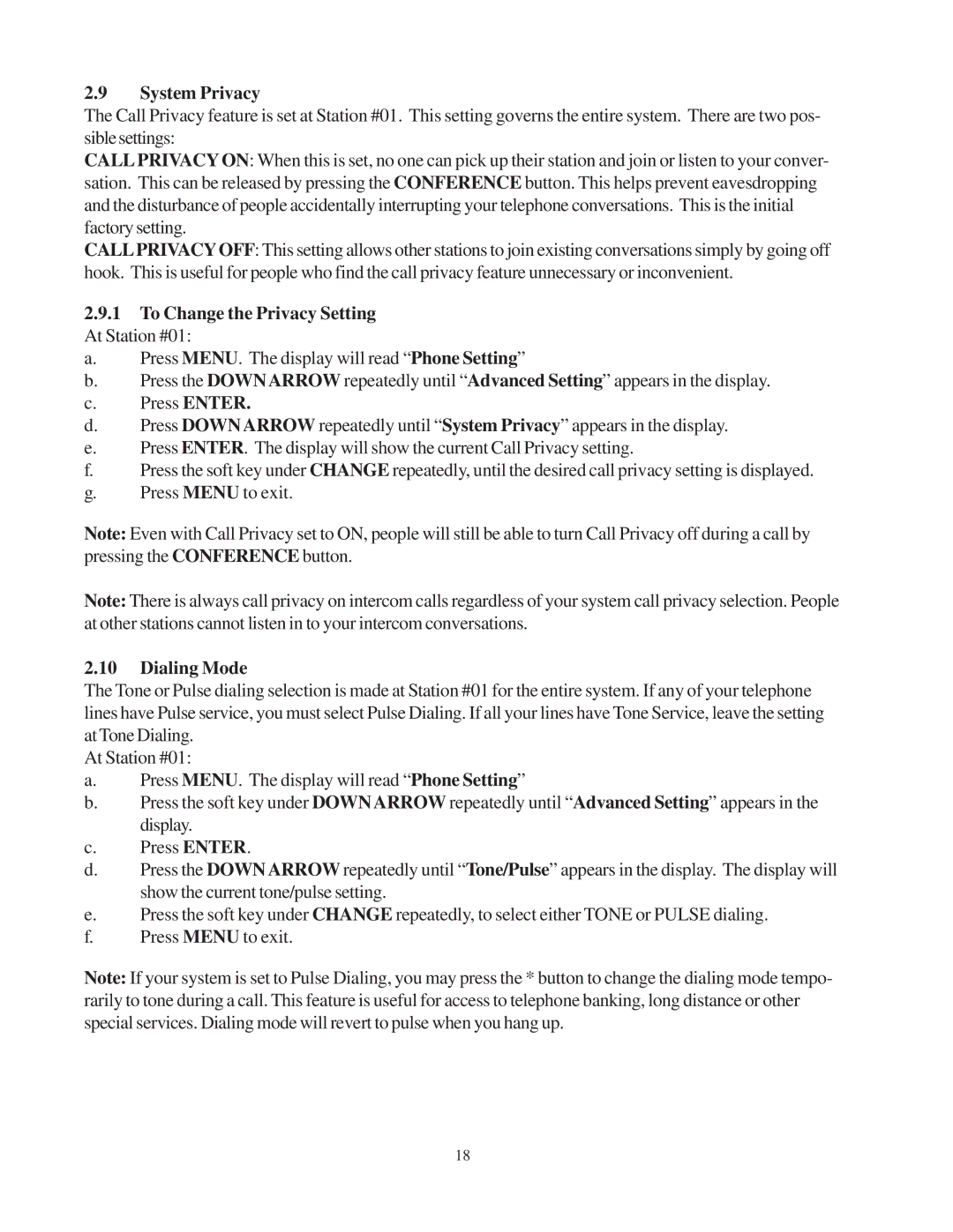 Cortelco 2740 instruction manual System Privacy, To Change the Privacy Setting At Station #01, Dialing Mode 