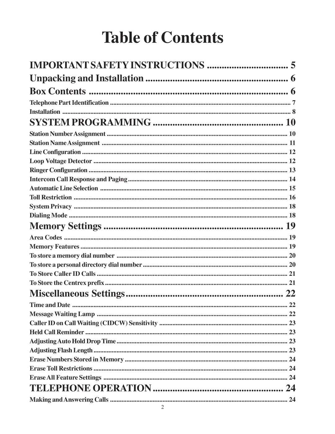 Cortelco 2740 instruction manual Table of Contents 