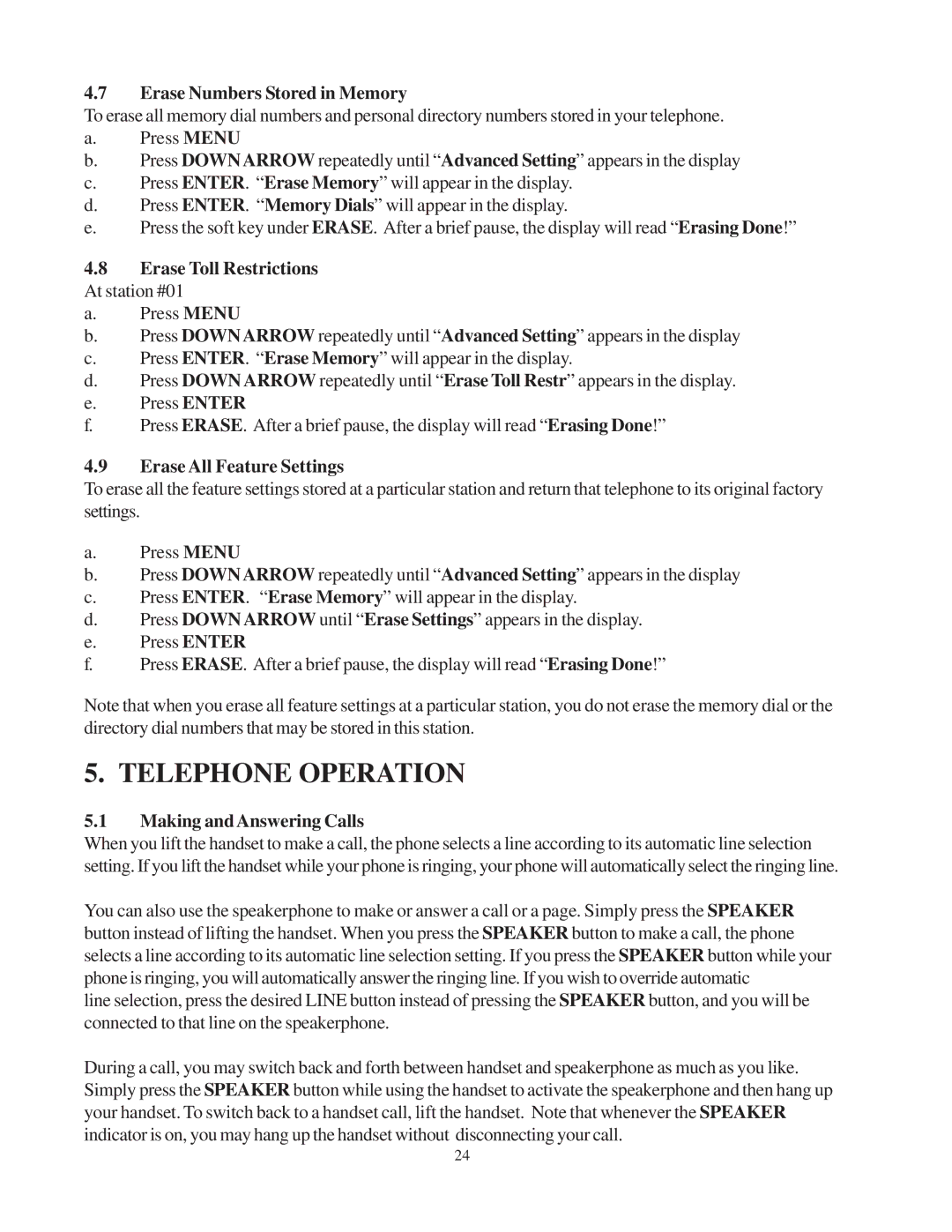 Cortelco 2740 Erase Numbers Stored in Memory, Erase Toll Restrictions At station #01, Erase All Feature Settings 