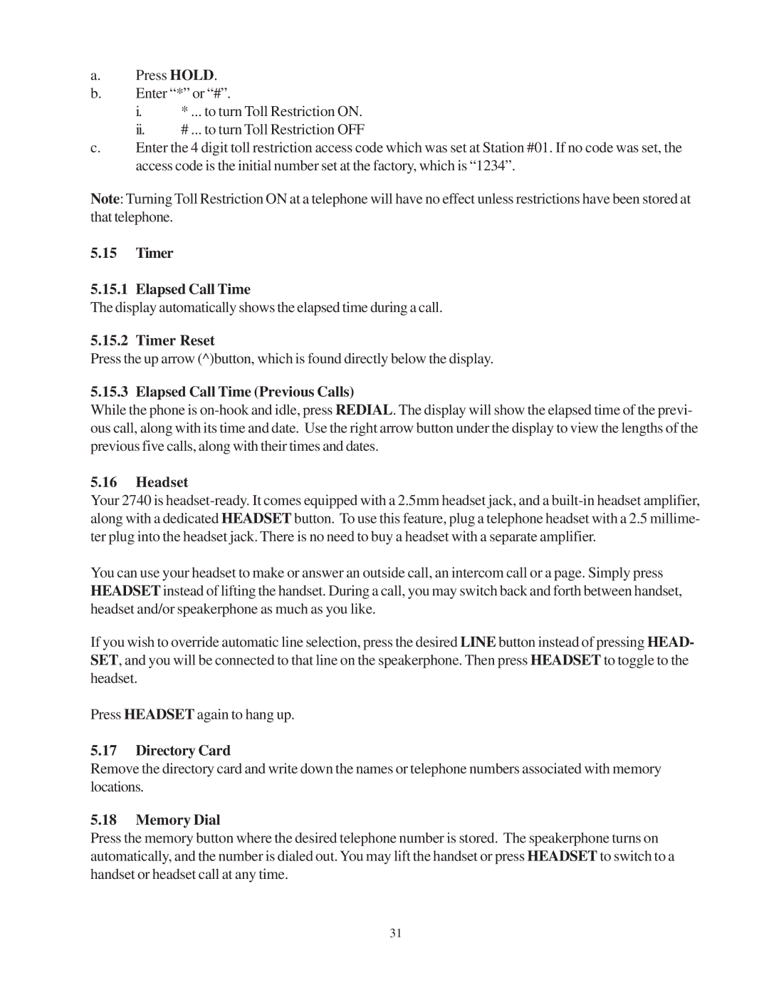 Cortelco 2740 Timer Elapsed Call Time, Timer Reset, Elapsed Call Time Previous Calls, Headset, Directory Card, Memory Dial 