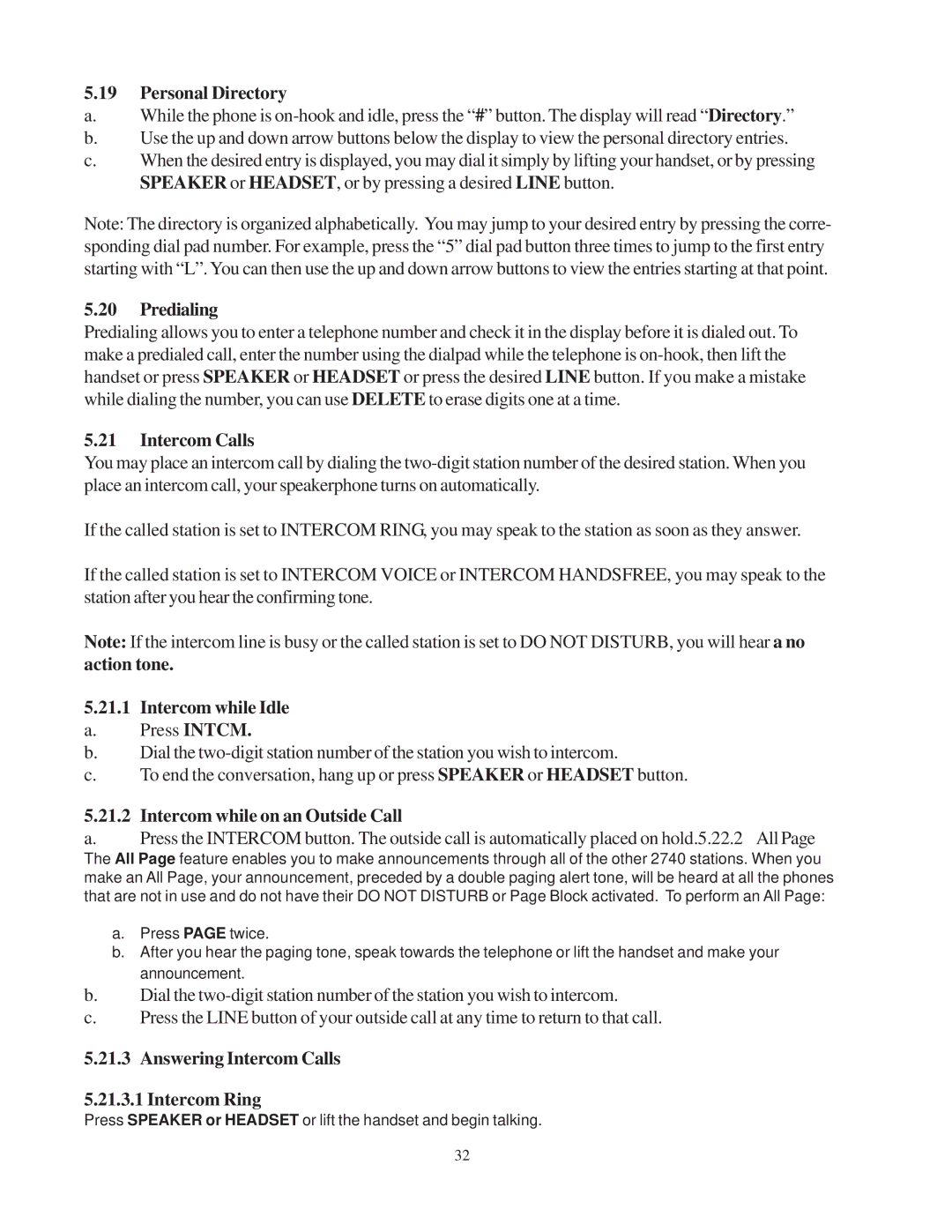 Cortelco 2740 Personal Directory, Predialing, Intercom Calls, Intercom while Idle, Intercom while on an Outside Call 