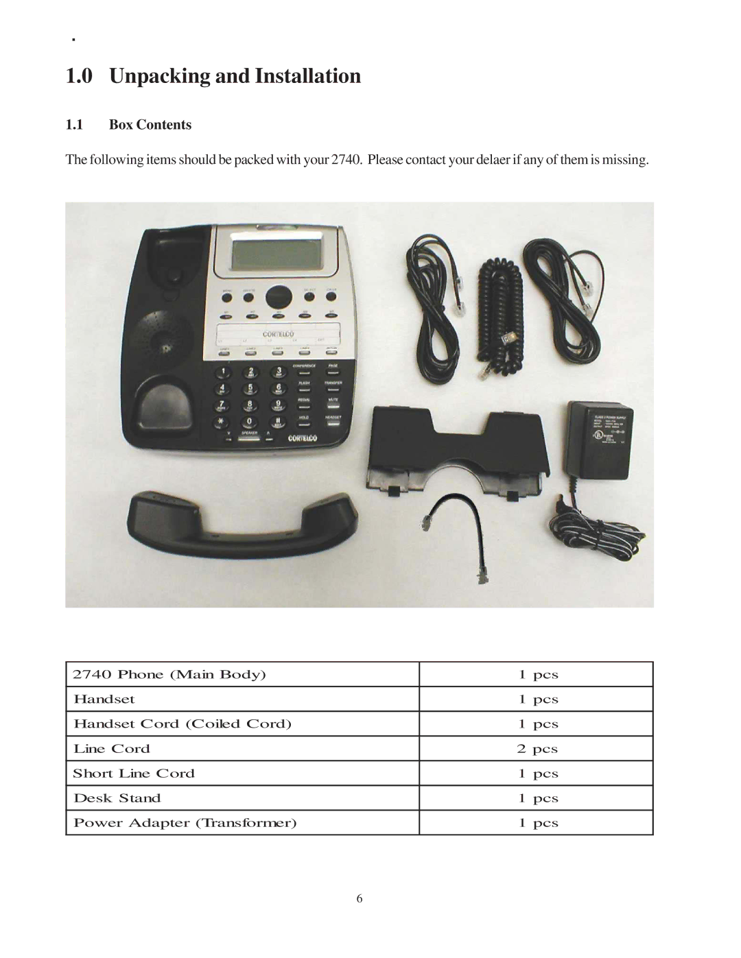 Cortelco 2740 instruction manual Unpacking and Installation, Box Contents 