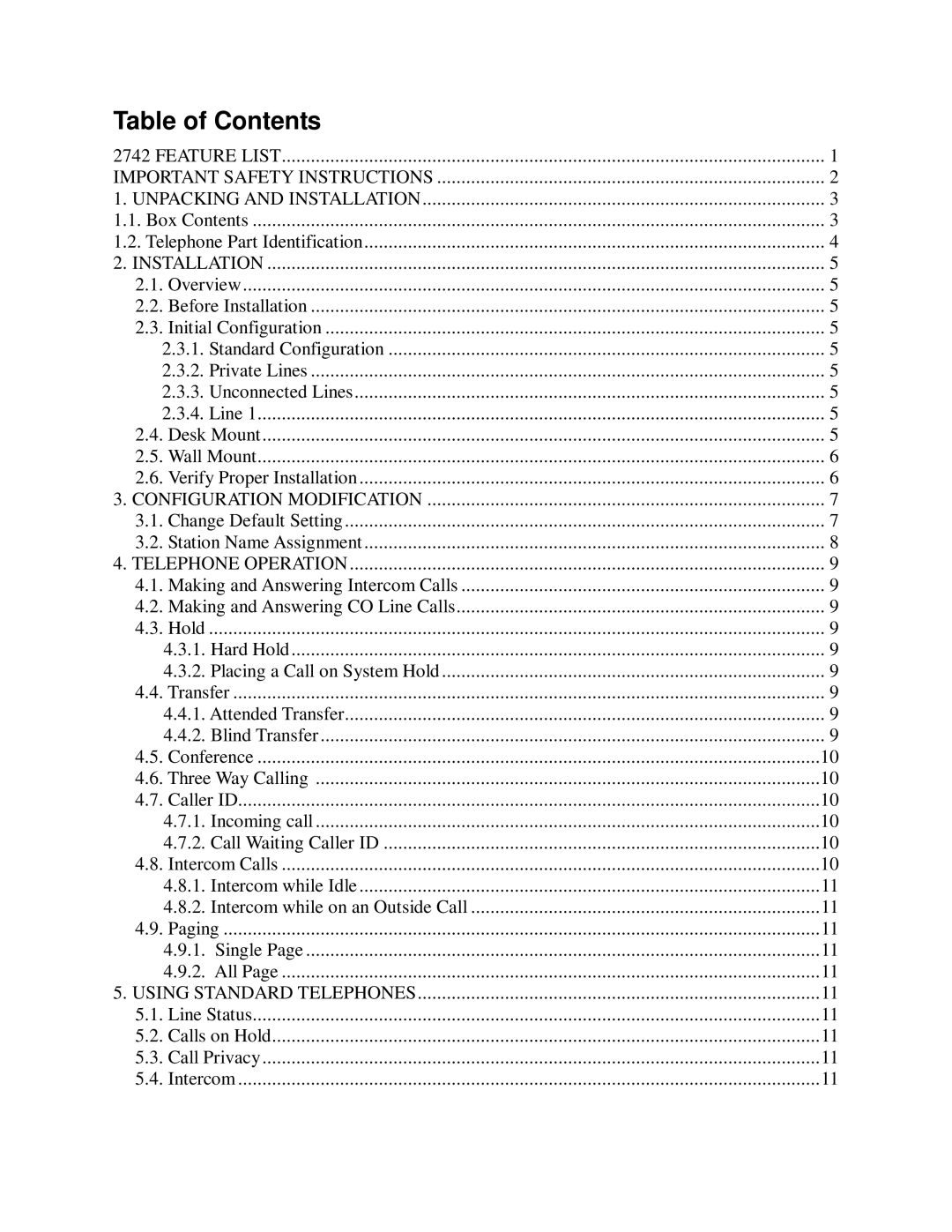 Cortelco 2742 instruction manual Table of Contents 