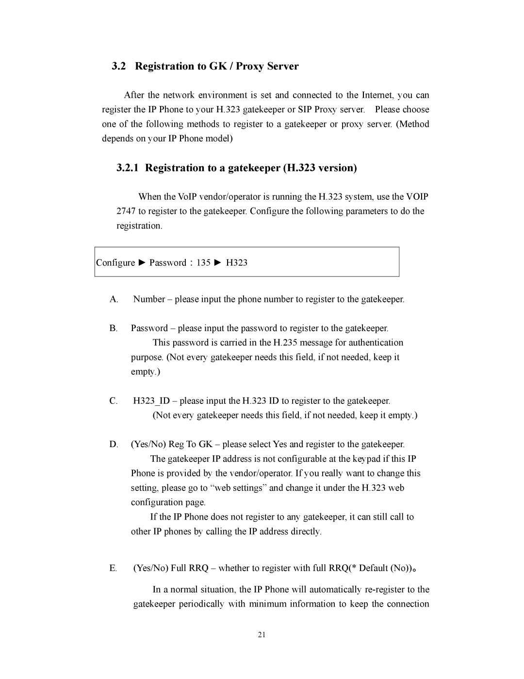 Cortelco 2747 user manual Registration to GK / Proxy Server, Registration to a gatekeeper H.323 version 