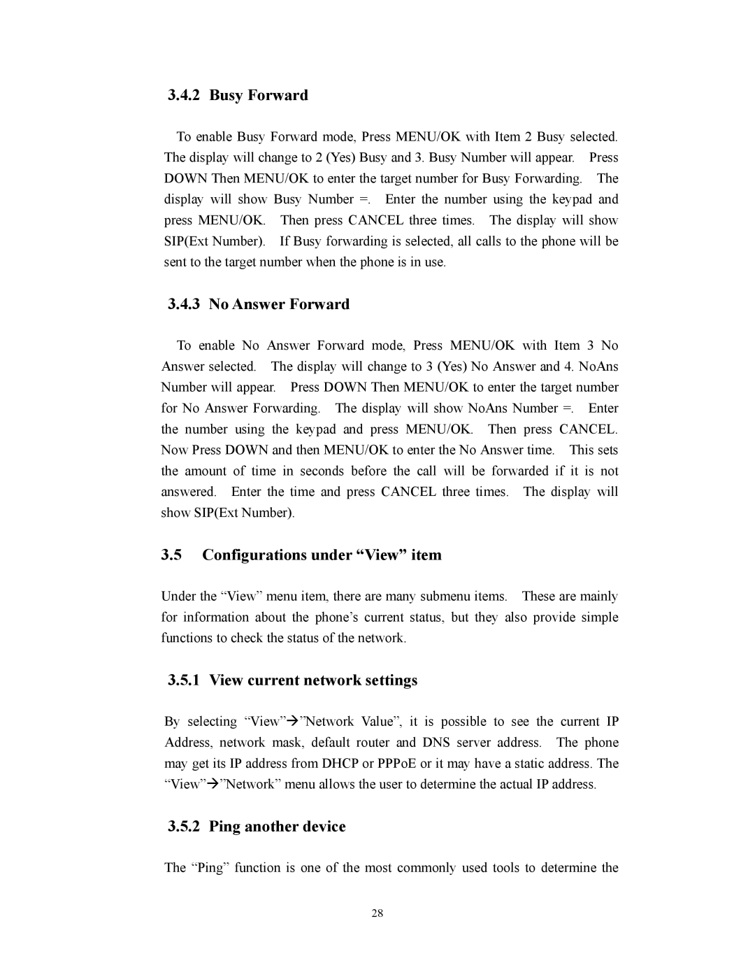 Cortelco 2747 user manual Busy Forward, No Answer Forward, Configurations under View item, View current network settings 