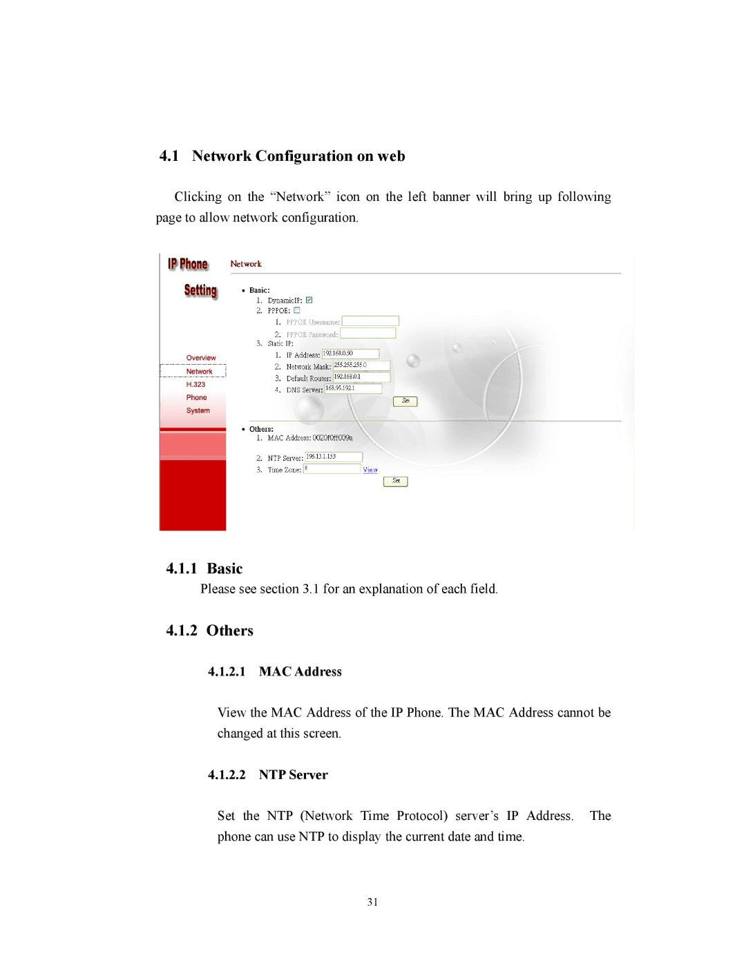 Cortelco 2747 user manual Network Configuration on web, Basic, Others, MAC Address, NTP Server 