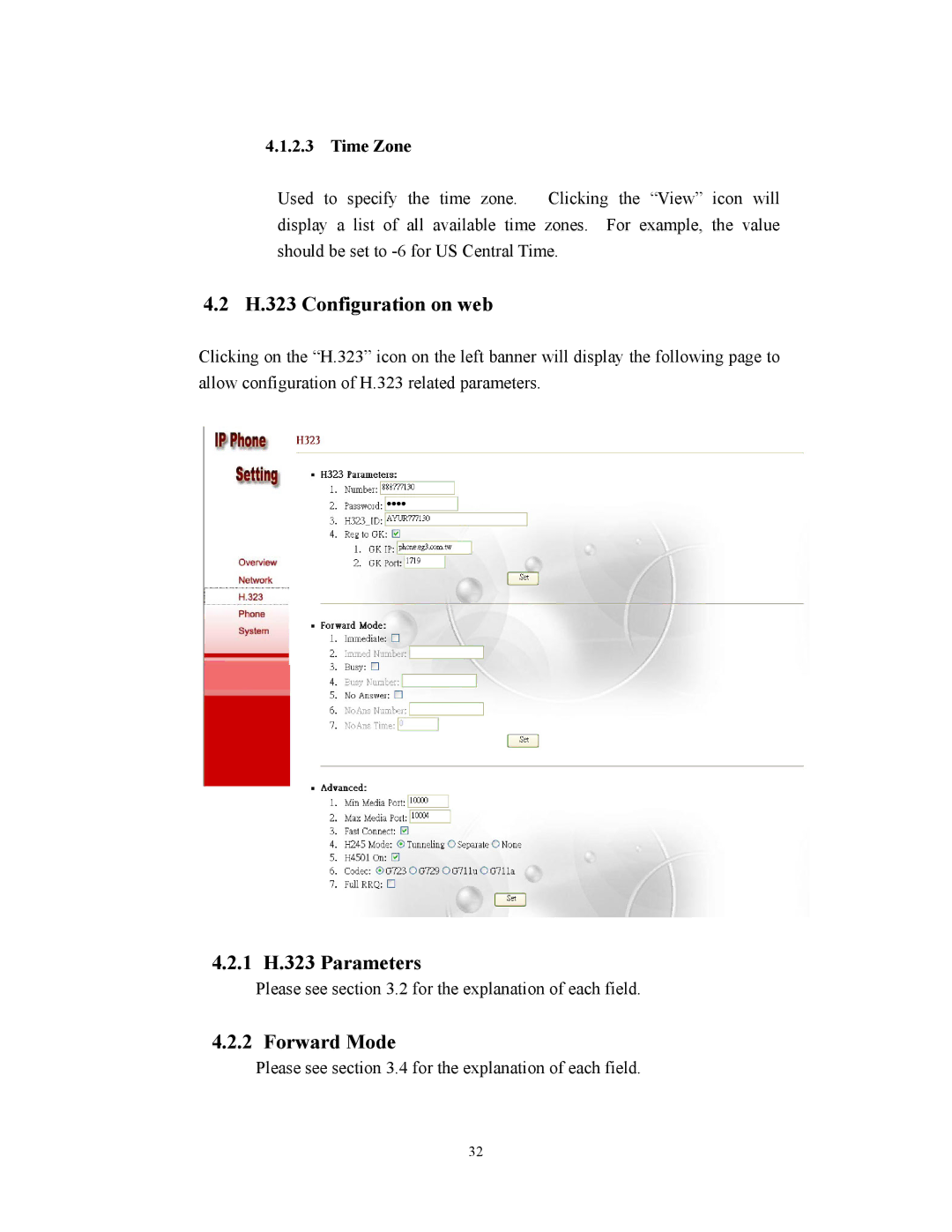 Cortelco 2747 user manual H.323 Configuration on web, 1 H.323 Parameters, Forward Mode, Time Zone 