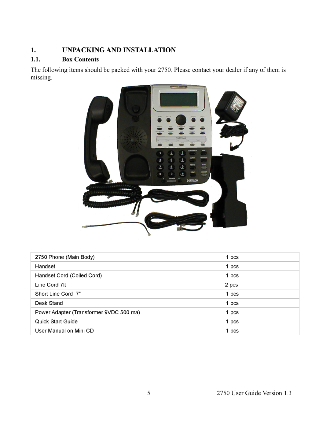 Cortelco 2750 instruction manual Unpacking and Installation, Box Contents 