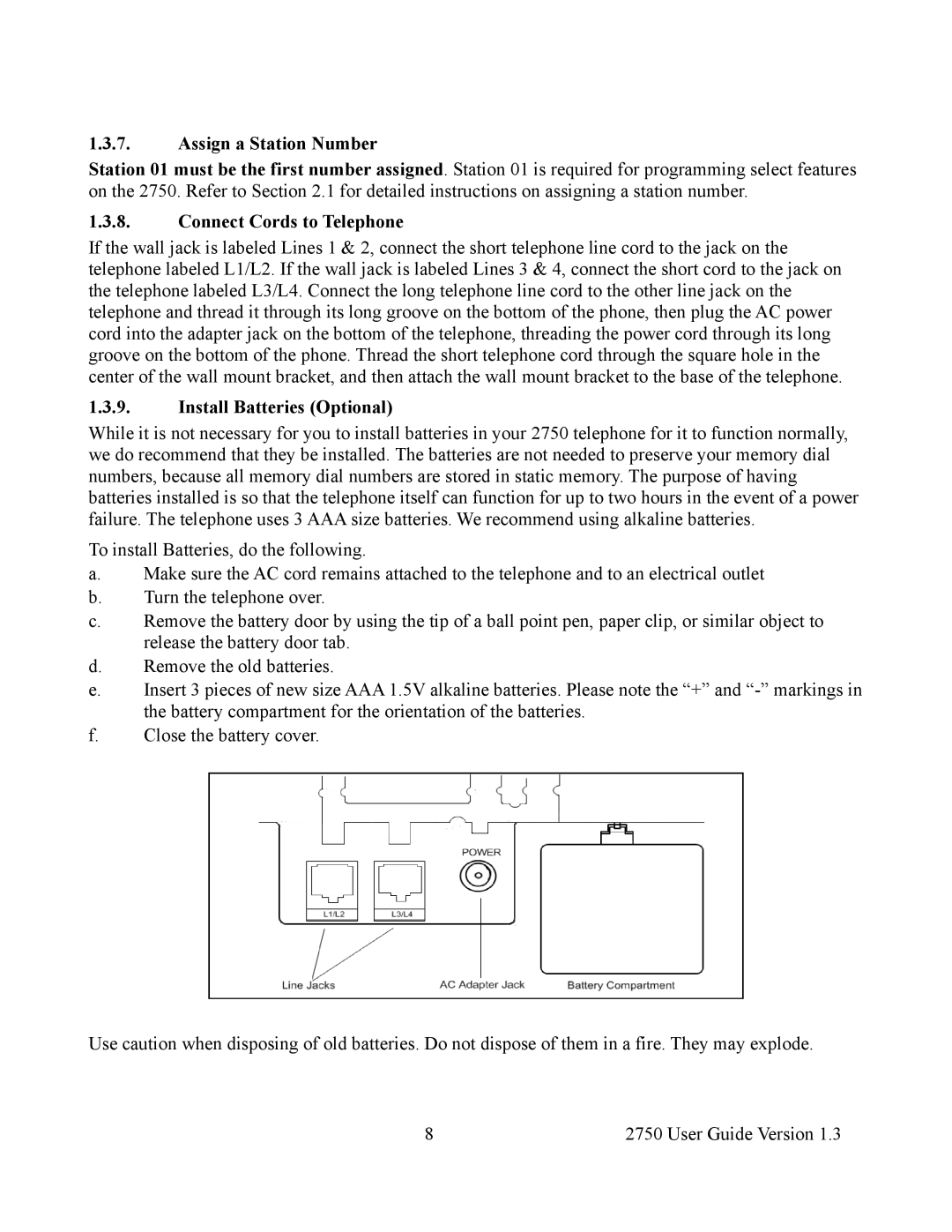 Cortelco 2750 instruction manual Assign a Station Number, Connect Cords to Telephone, Install Batteries Optional 