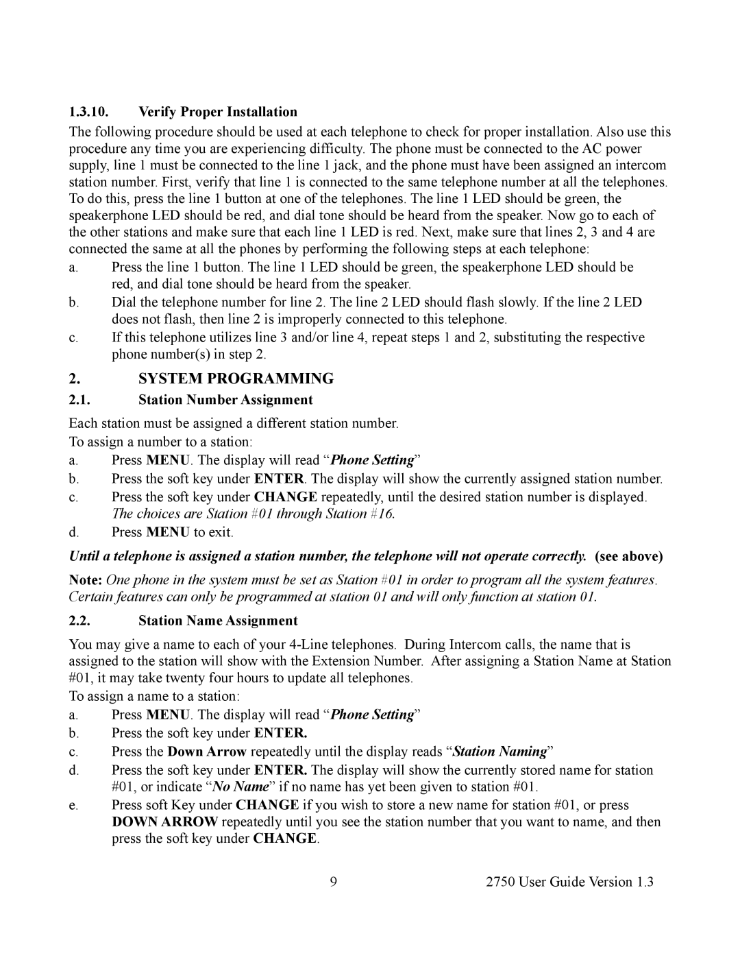 Cortelco 2750 System Programming, Verify Proper Installation, Station Number Assignment, Station Name Assignment 