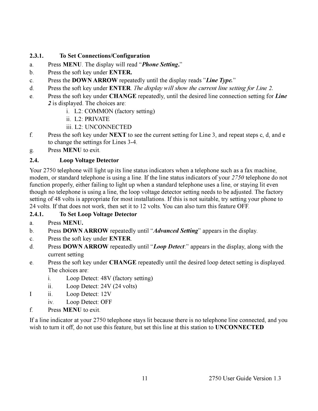 Cortelco 2750 instruction manual To Set Connections/Configuration, To Set Loop Voltage Detector 