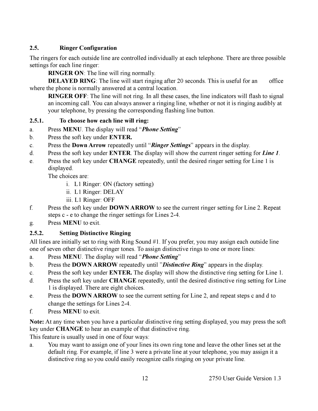 Cortelco 2750 instruction manual Ringer Configuration, To choose how each line will ring, Setting Distinctive Ringing 