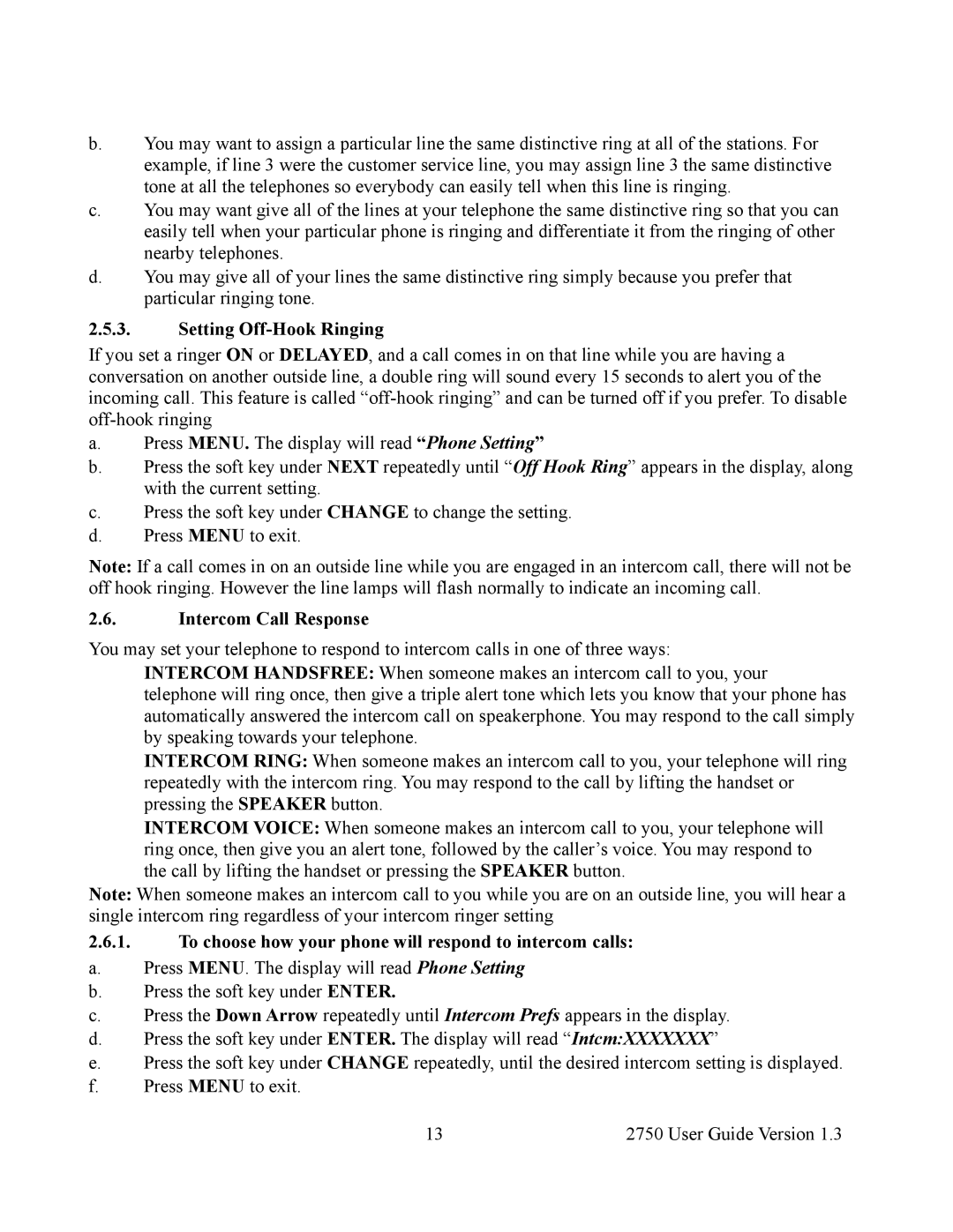 Cortelco 2750 Setting Off-Hook Ringing, Intercom Call Response, To choose how your phone will respond to intercom calls 