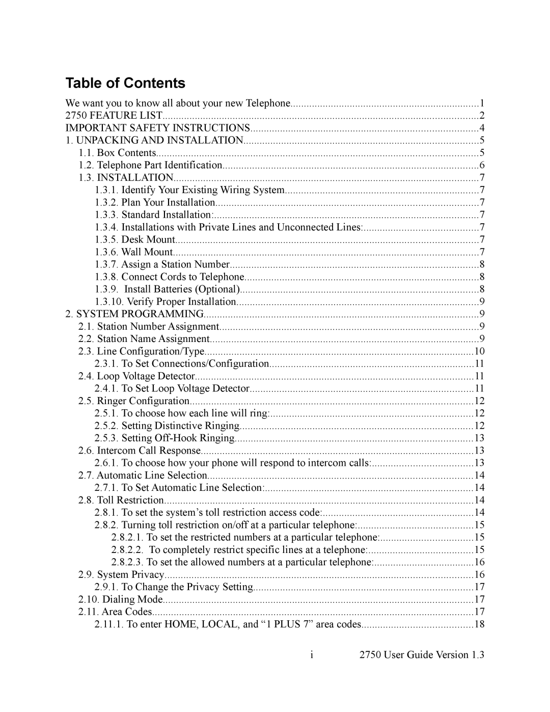 Cortelco 2750 instruction manual Table of Contents 