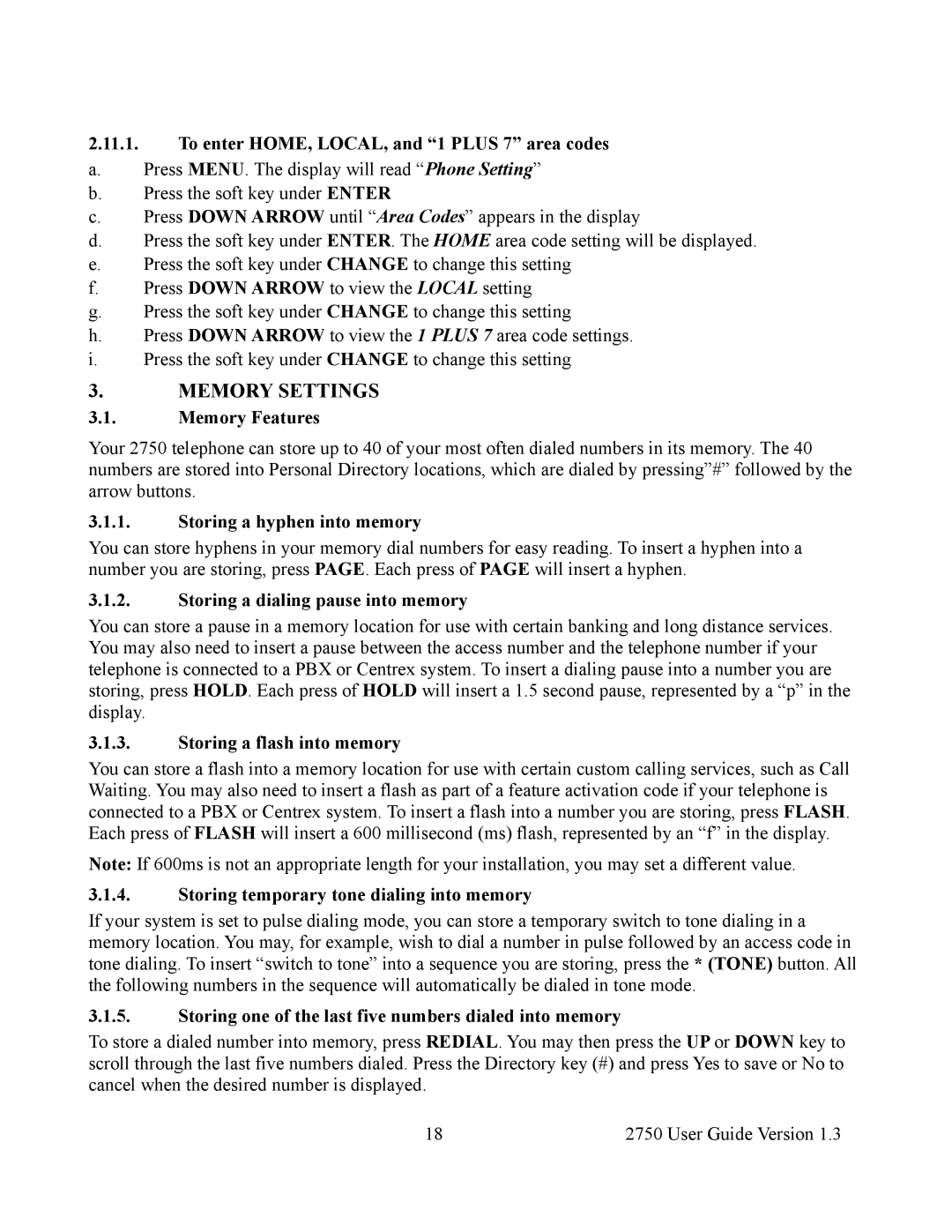 Cortelco 2750 instruction manual Memory Settings 