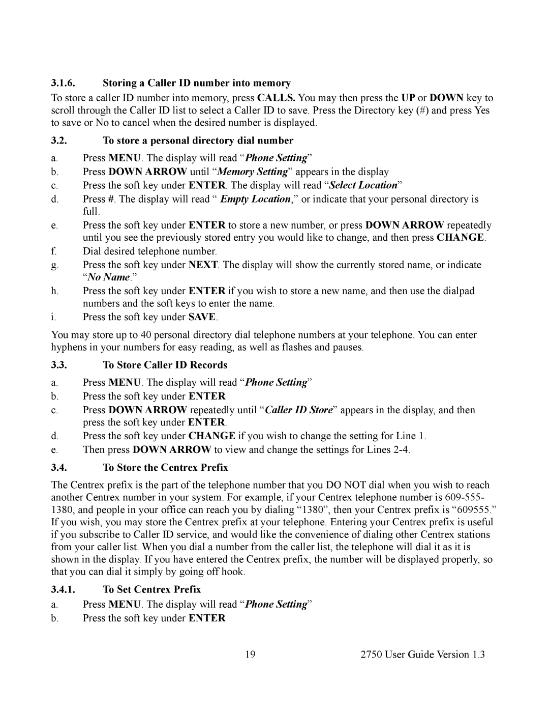 Cortelco 2750 Storing a Caller ID number into memory, To store a personal directory dial number, To Set Centrex Prefix 