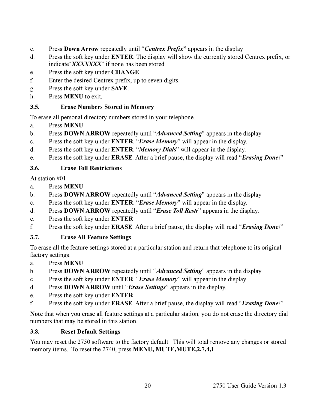 Cortelco 2750 Erase Numbers Stored in Memory, Erase Toll Restrictions, Erase All Feature Settings, Reset Default Settings 