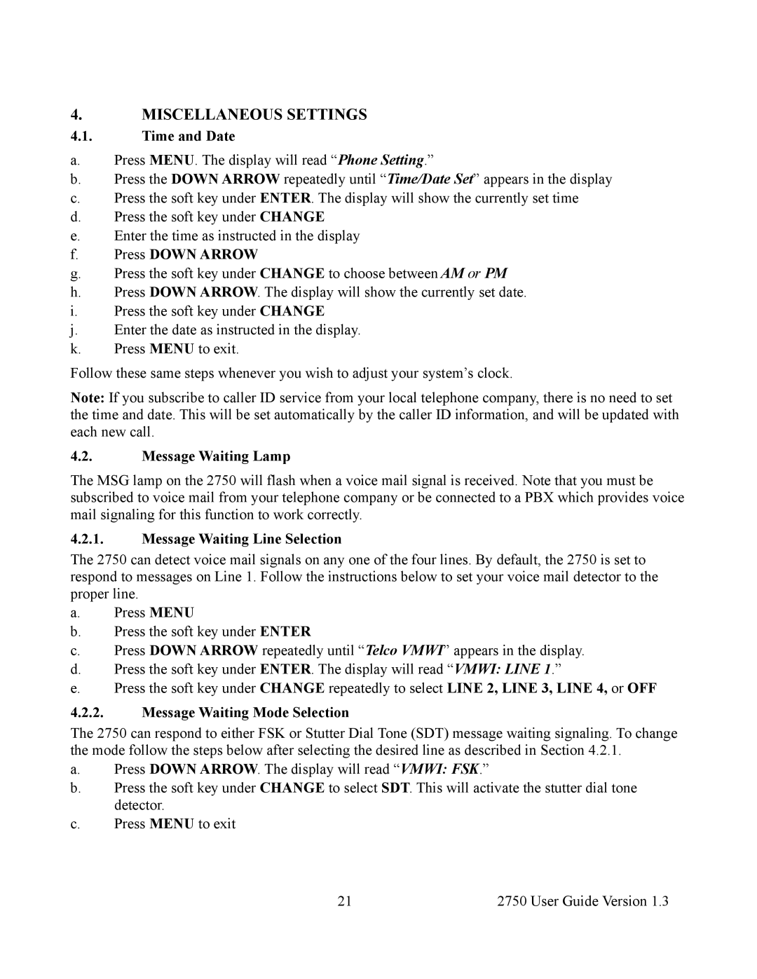 Cortelco 2750 instruction manual Miscellaneous Settings 