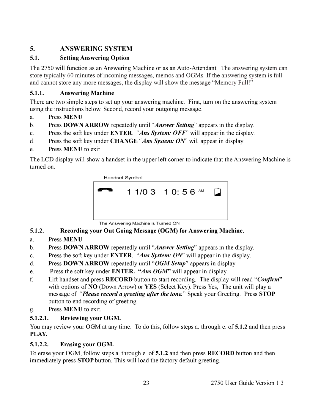 Cortelco 2750 instruction manual Answering System 