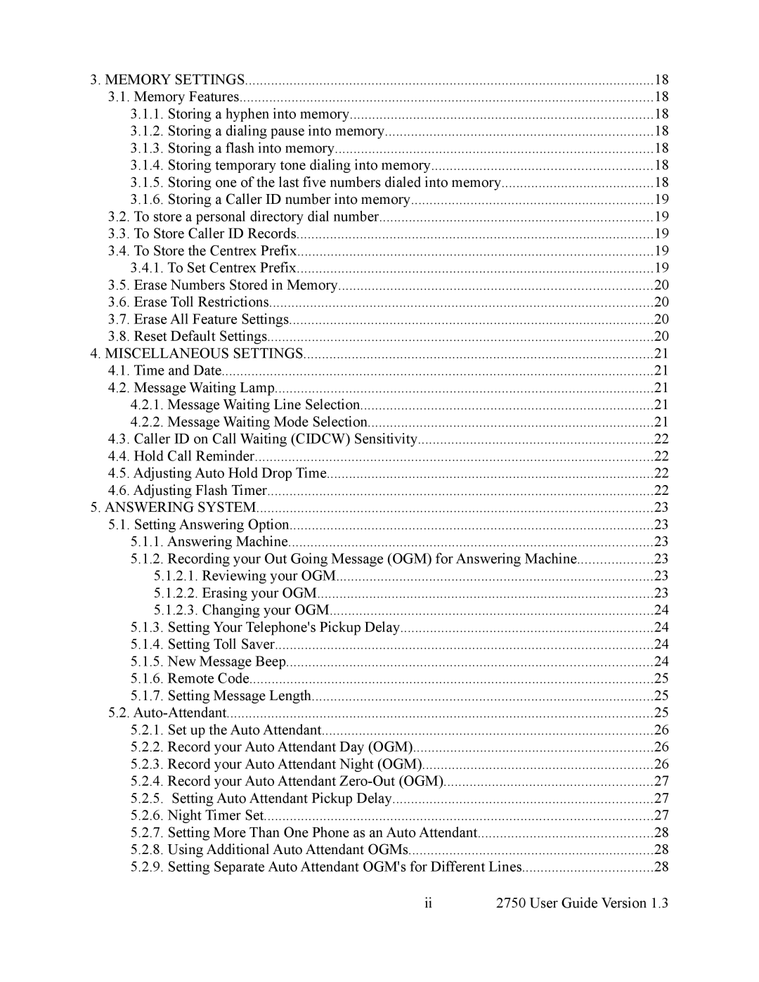 Cortelco 2750 instruction manual Memory Settings 