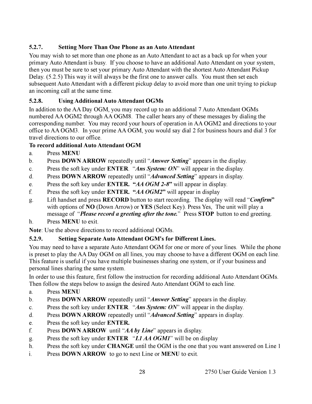 Cortelco 2750 instruction manual Setting More Than One Phone as an Auto Attendant, Using Additional Auto Attendant OGMs 