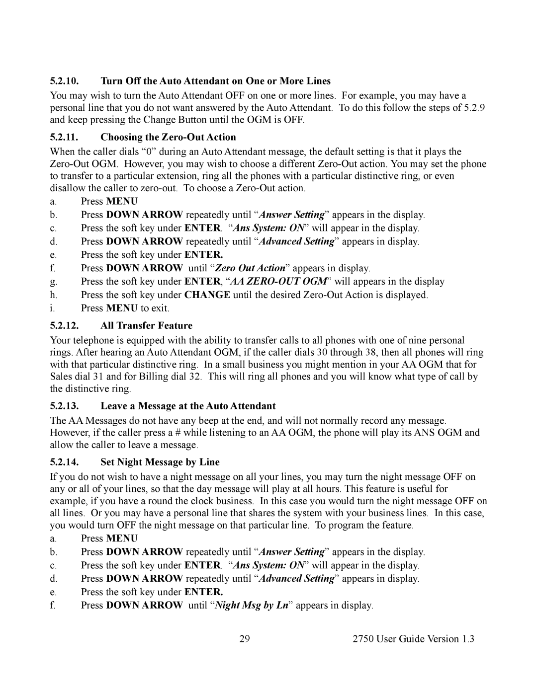 Cortelco 2750 Turn Off the Auto Attendant on One or More Lines, Choosing the Zero-Out Action, All Transfer Feature 