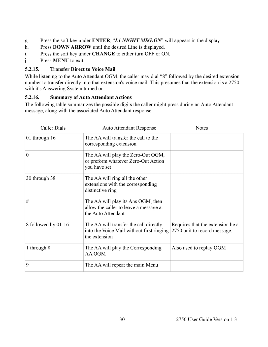 Cortelco 2750 instruction manual Transfer Direct to Voice Mail, Summary of Auto Attendant Actions 