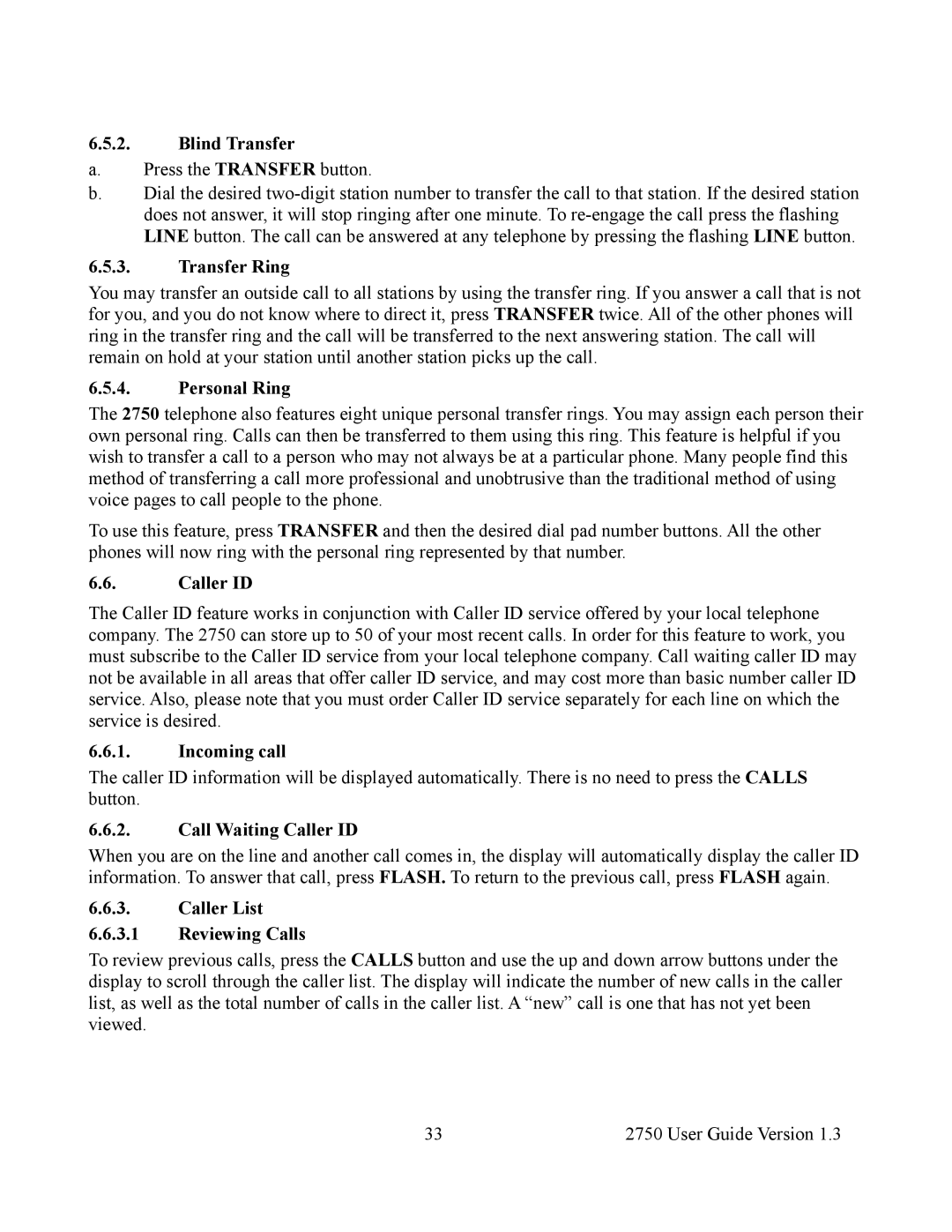 Cortelco 2750 instruction manual Blind Transfer, Transfer Ring, Personal Ring, Incoming call, Call Waiting Caller ID 
