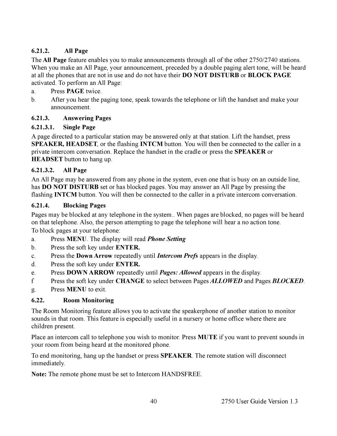 Cortelco 2750 instruction manual All, Answering Pages Single, Blocking Pages, Room Monitoring 