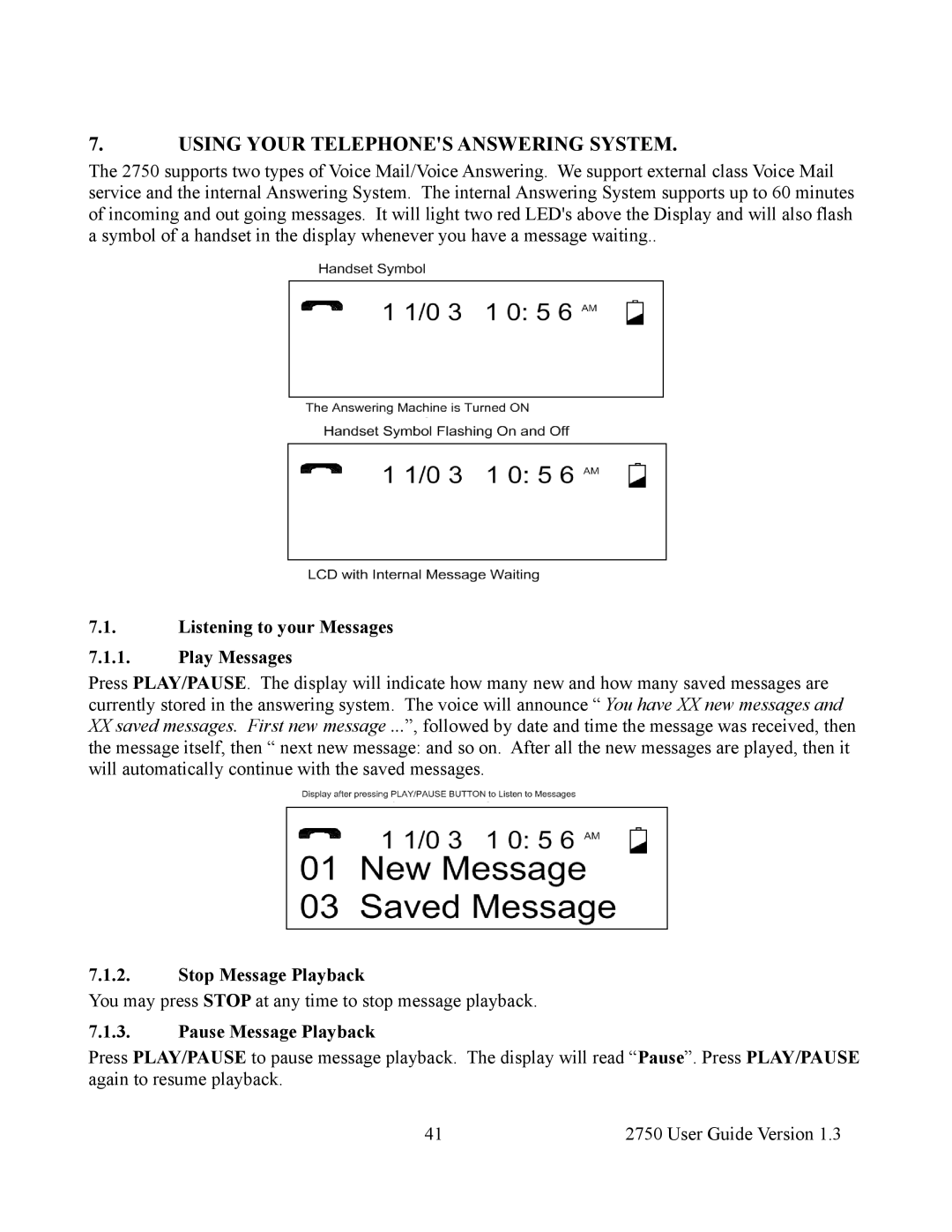 Cortelco 2750 Using Your Telephones Answering System, Listening to your Messages Play Messages, Stop Message Playback 