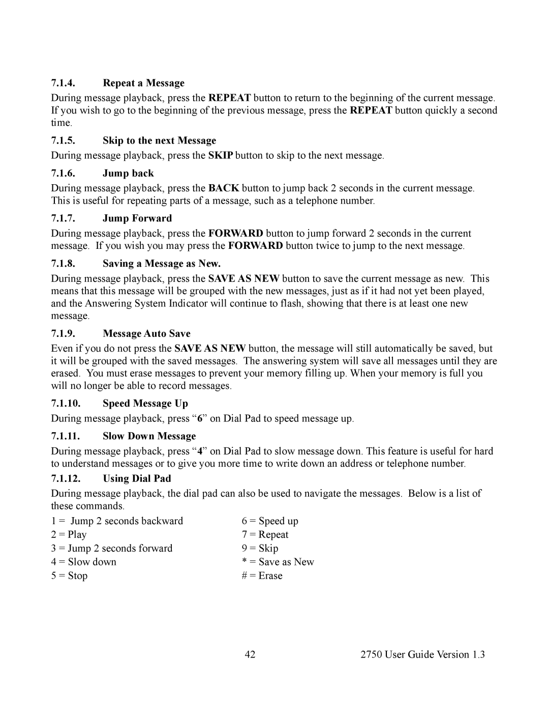Cortelco 2750 Repeat a Message, Skip to the next Message, Jump back, Jump Forward, Saving a Message as New, Using Dial Pad 