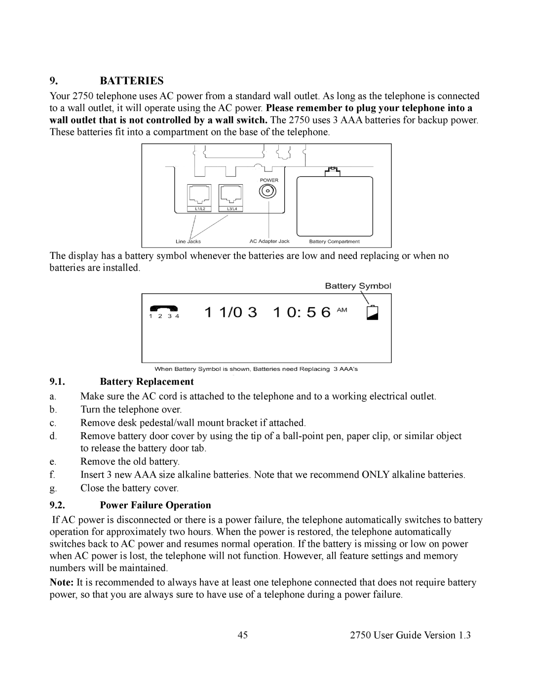 Cortelco 2750 instruction manual Batteries, Battery Replacement, Power Failure Operation 