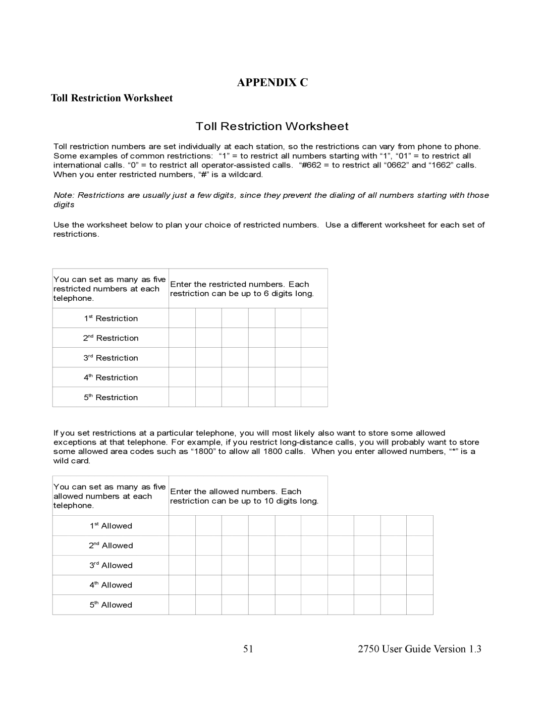 Cortelco 2750 instruction manual Appendix C, Toll Restriction Worksheet 