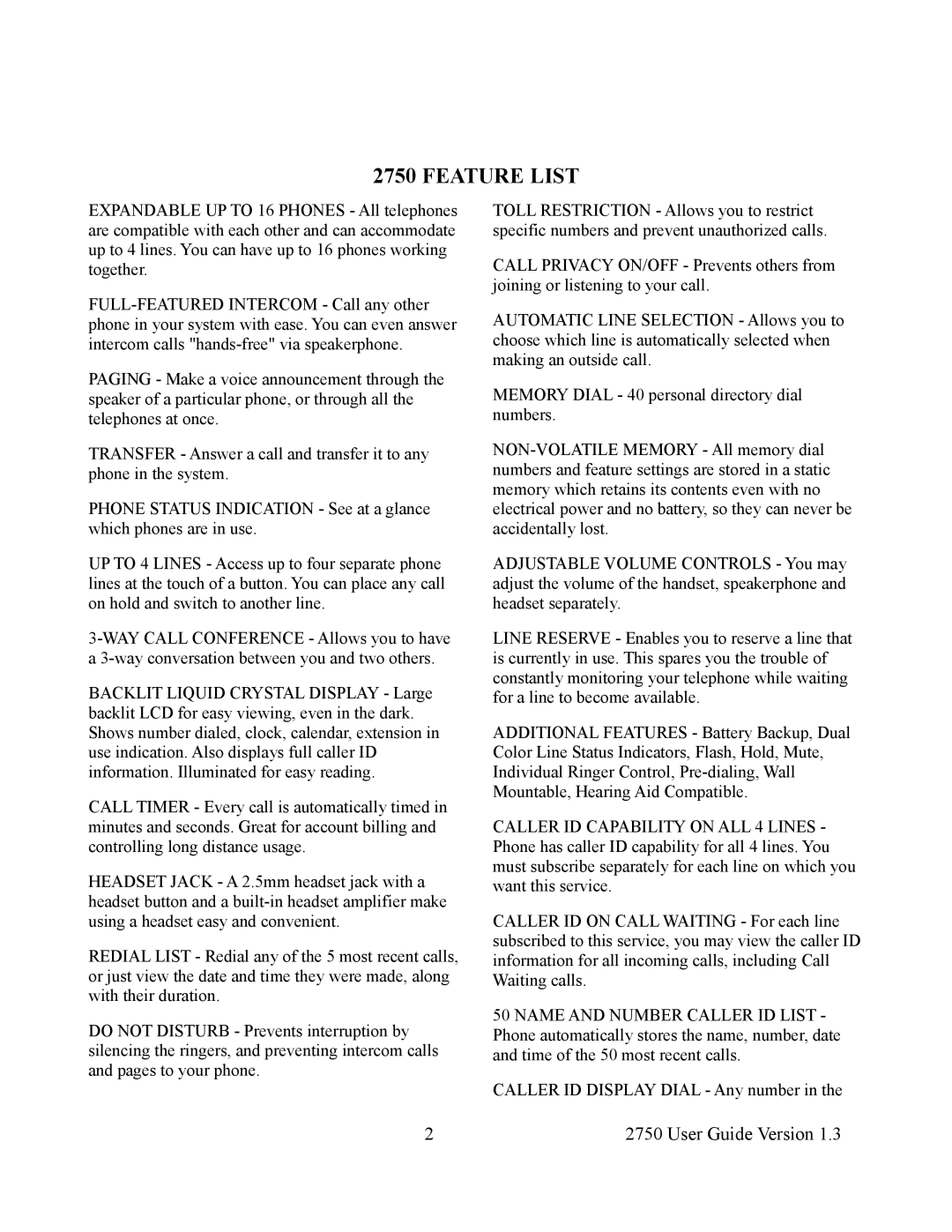 Cortelco 2750 instruction manual Feature List 