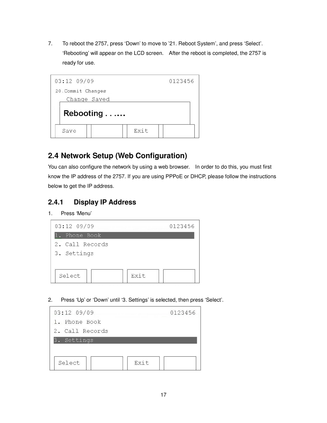 Cortelco 2757 manual Network Setup Web Configuration, Display IP Address 