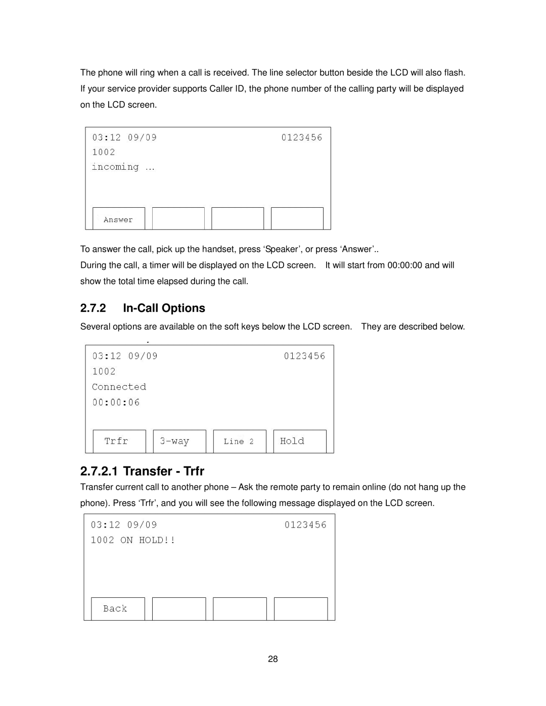 Cortelco 2757 manual Transfer Trfr, In-Call Options 