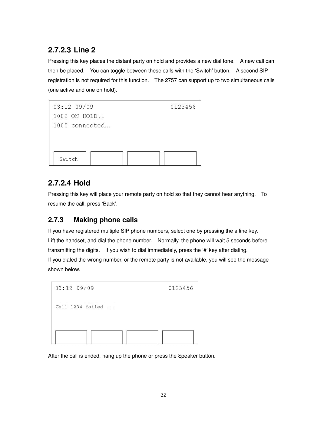 Cortelco 2757 manual Line, Hold, Making phone calls 