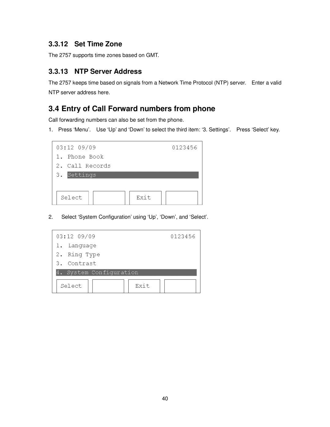 Cortelco 2757 manual Entry of Call Forward numbers from phone, Set Time Zone, NTP Server Address 