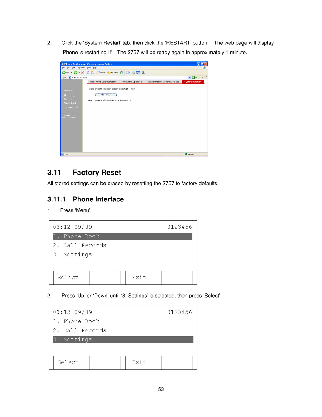 Cortelco 2757 manual Factory Reset 