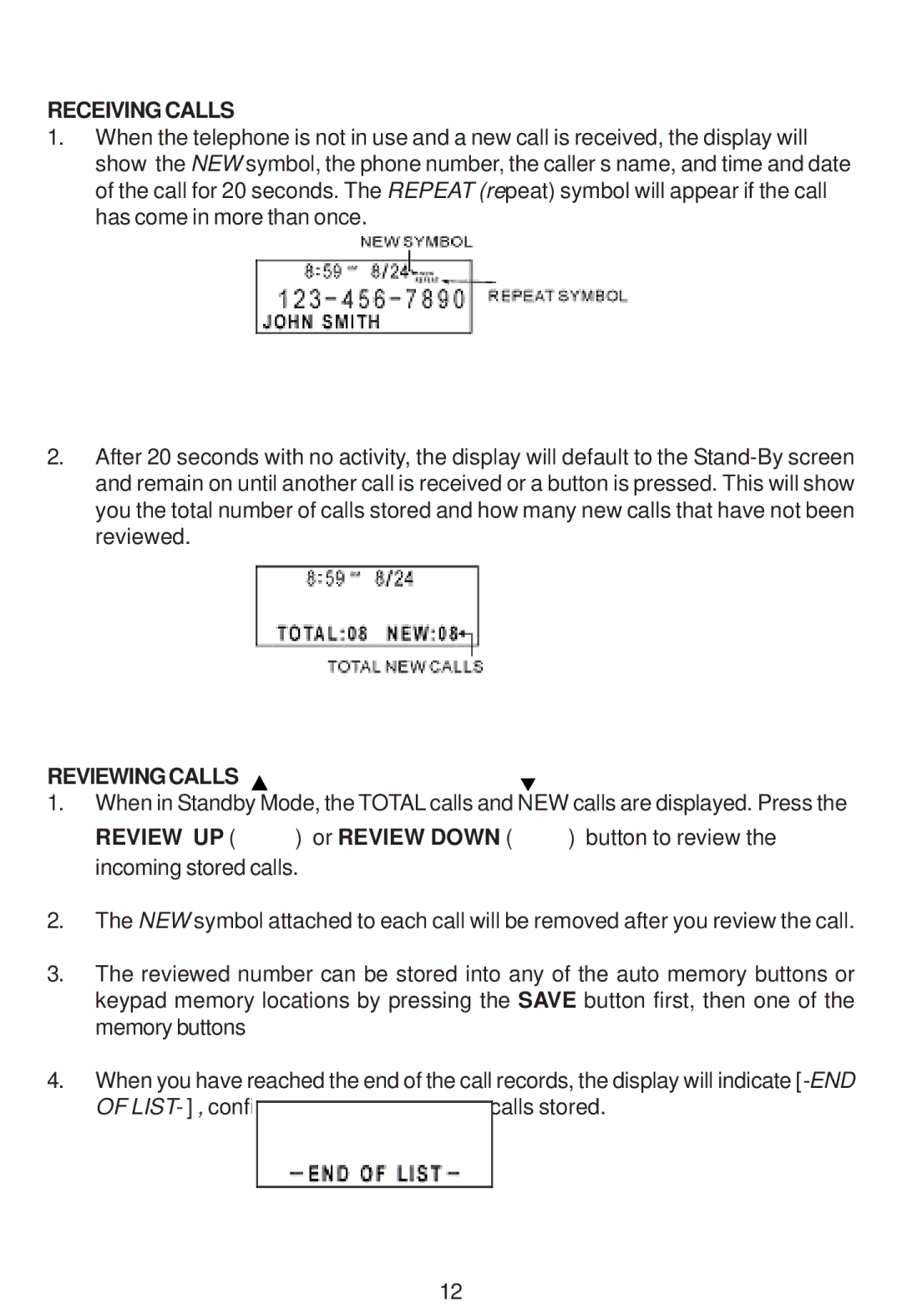 Cortelco 3220 instruction manual Receiving Calls, Reviewing Calls 