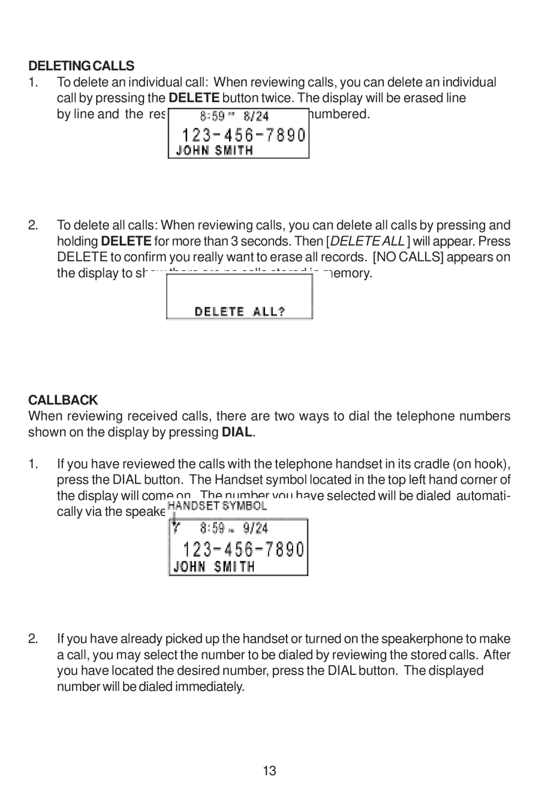 Cortelco 3220 instruction manual Deleting Calls, Callback 