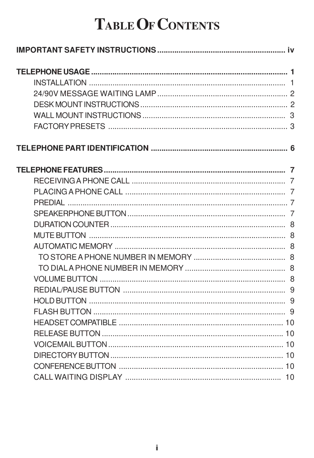 Cortelco 3220 instruction manual Table of Contents 