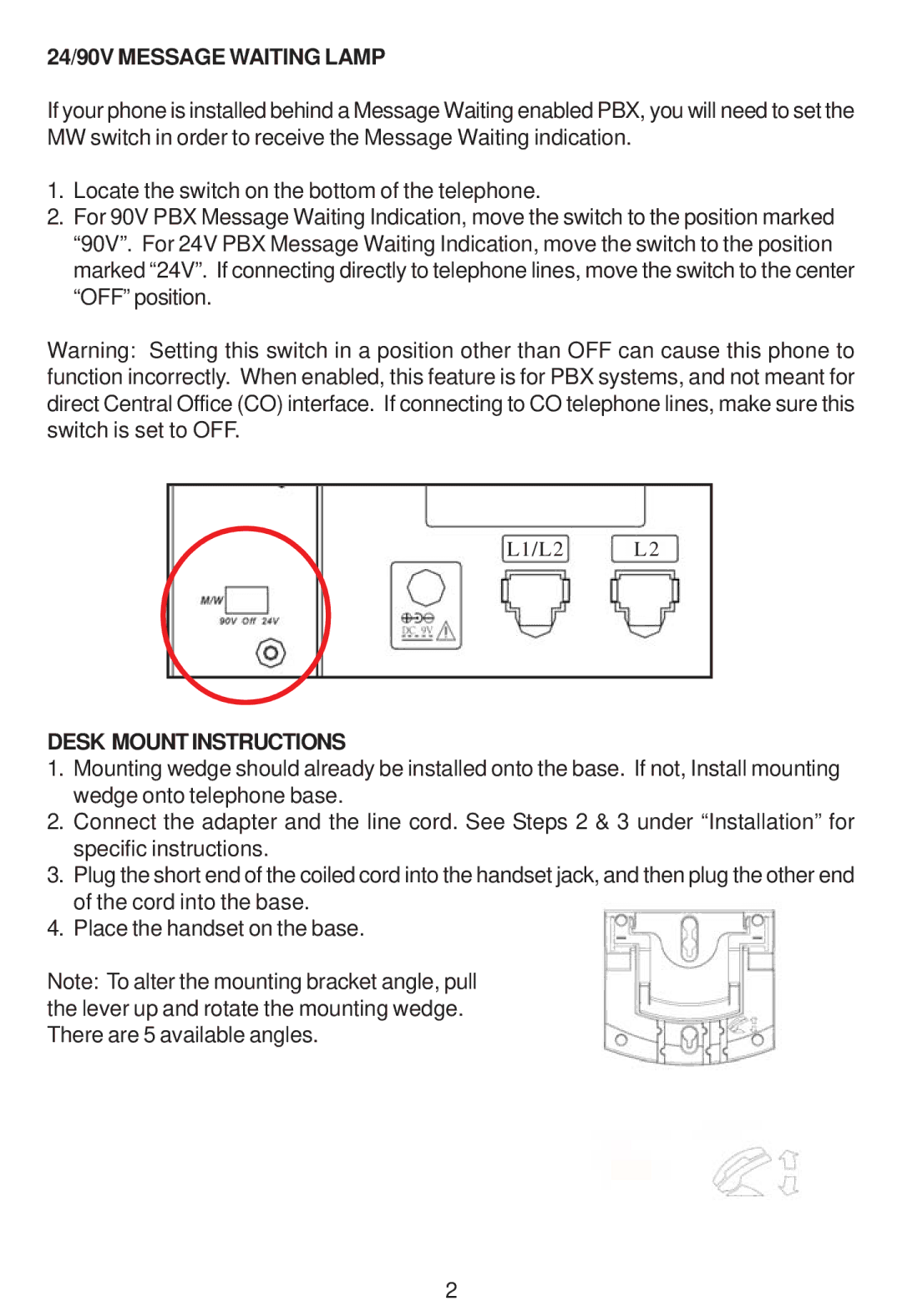 Cortelco 3220 instruction manual 24/90V Message Waiting Lamp, Desk Mount Instructions 